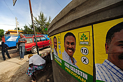 haiti,port,au,prince,advertisement,with,presidential,candidate,jude,celestin