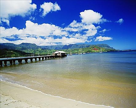 夏威夷,考艾岛,湾,码头,人行道,帆船,锚定,背景