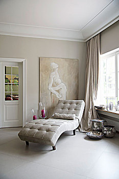 苍白,皮革,躺椅,房间,大,陶瓷,地砖