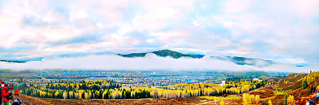 新疆,禾木,村落,秋天,雾,早晨