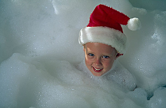 俯拍,男孩,戴着,圣诞帽,气泡,沐浴