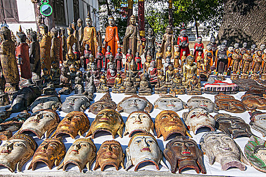 木质,佛,面具,手工制作,纪念品,市场,固都陶,塔,皇家,曼德勒,缅甸