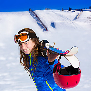 儿童,女孩,冬天,雪,拿着,滑雪装备,头盔,护目镜