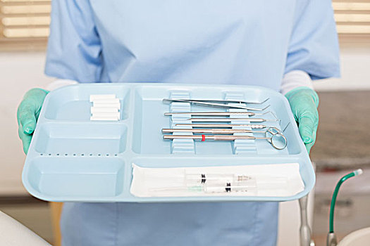 牙医,蓝色,拿着,托盘,工具