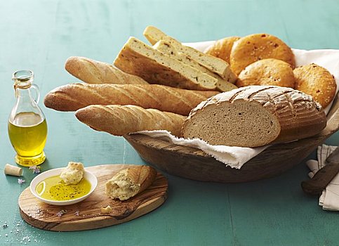 种类,面包,面包卷,面包筐,橄榄油,旁侧