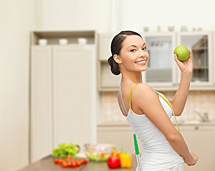 节食,运动,概念,美女,女人,苹果,卷尺,厨房