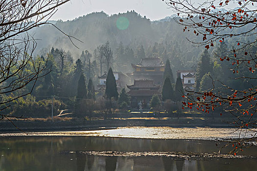 树,蓝,背景,池塘,倒影,烟,枯枝,寺庙,太阳,阳光,水,岸,淤泥,泥潭,村庄,山岗