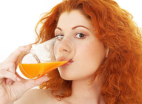 可爱,红发,喝,橙汁