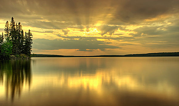 彩色,日出,湖,国家公园,萨斯喀彻温,加拿大