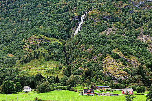 房子,山谷,瀑布,山坡,挪威