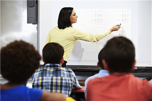 教师,站立,班级,互动,白色书写板