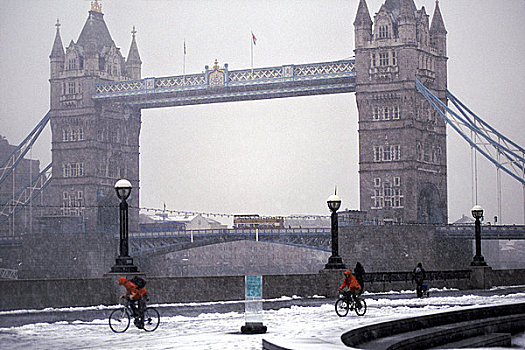 英格兰,伦敦,塔桥,风景,银行,泰晤士河,下雪
