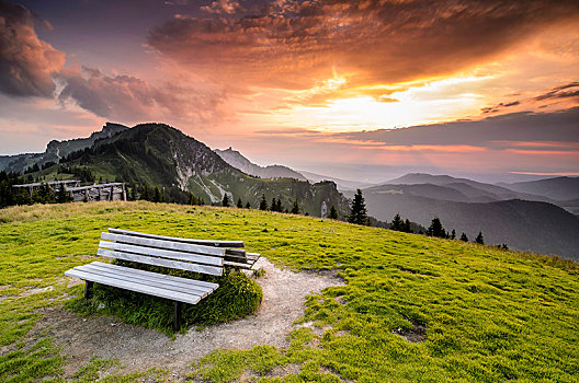 木制长椅,顶峰,山,巴伐利亚,德国,欧洲