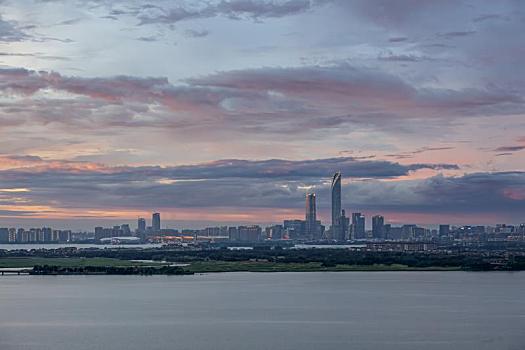 中国苏州城市独墅湖夏日傍晚晚霞夜景风光