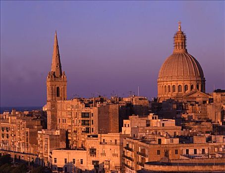马耳他,全景,建筑,教堂,落日余晖