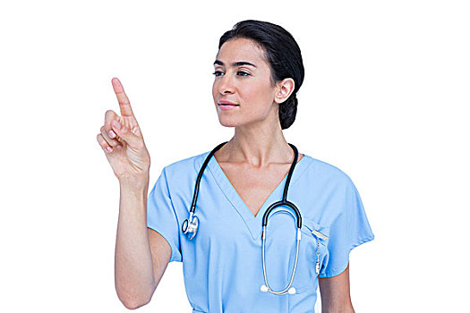 年轻,医护人员,蓝色,长套衫,指向,白色背景