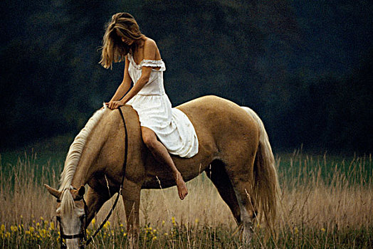 侧面,女青年,骑马