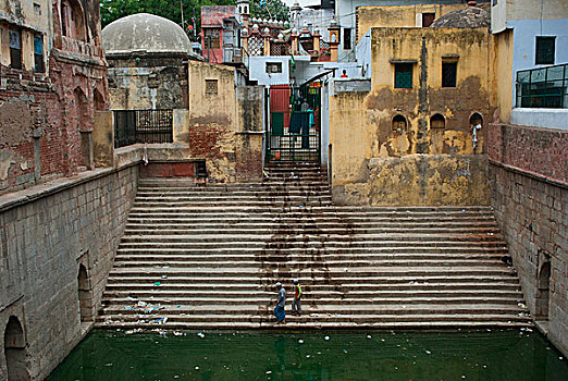 水,溢出,楼梯,建筑,两个男人,德里,印度