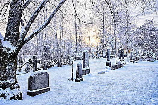 风景,墓地,石头,雪中,遮盖,黄昏,瑞典