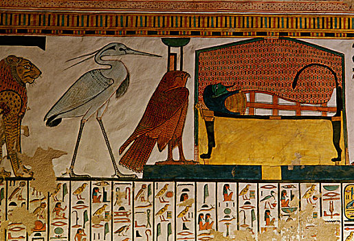 埃及,路克索神庙,帝王谷,涂绘,场景,狮子,猎鹰,远眺,丧葬,床,墓地