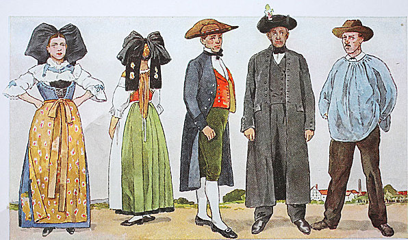 时尚,历史,衣服,民俗,服饰,法国,阿尔萨斯,19世纪,插画,欧洲