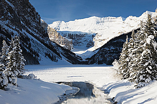 路易斯湖,艾伯塔省,加拿大,维多利亚山,冬天,地表水流,溪流