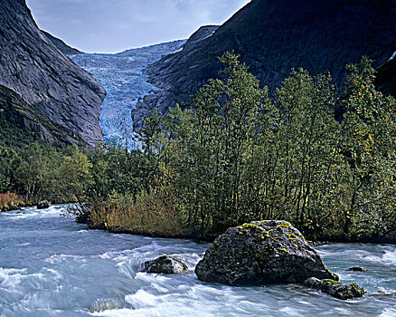 山,河,一个,冰河,湾,斯特达尔布林冰川,挪威,斯堪的纳维亚,欧洲