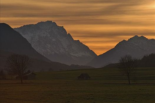 巴伐利亚阿尔卑斯山,日落,巴伐利亚,德国