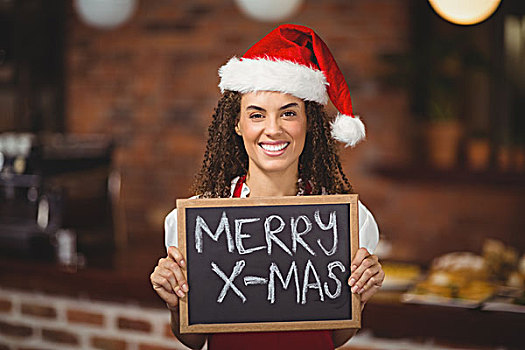 漂亮,女店员,黑板,高兴,圣诞,头像,咖啡馆