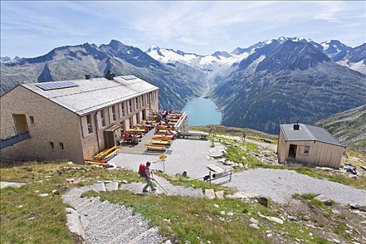 阿尔卑斯小屋,阿尔卑斯山,湖,背景,提洛尔,奥地利,俯拍