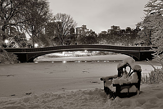 中央公园,冬天,冰冻,湖,椅子,夜晚,曼哈顿中城,纽约