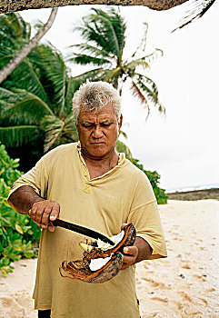男人,打开,椰树,海滩,图瓦卢