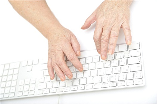 老,女性,打字,键盘,隔绝,白色背景,特写