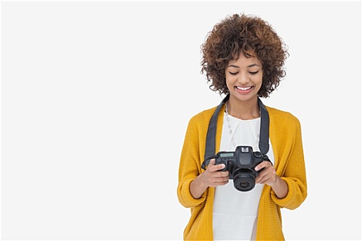 女人,看,数码相机,微笑,白色背景,背景
