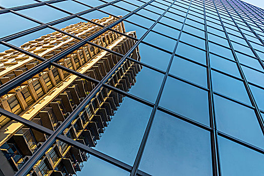 倾斜视角,玻璃幕墙,街道,水平,展示,反射,摩天大楼,西雅图,华盛顿,美国