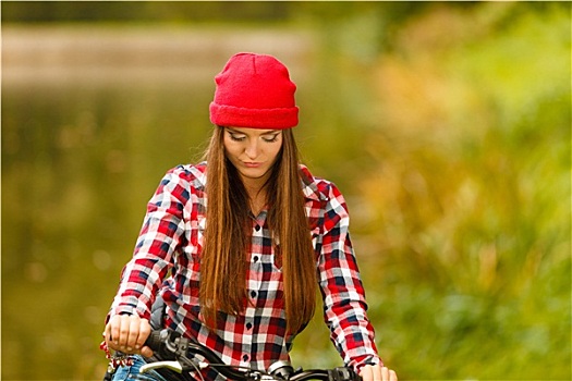 女孩,放松,秋天,公园,自行车