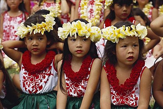 夏威夷,瓦胡岛,劳动节,节日,三个,小,女孩,鸡蛋花