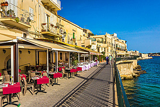 咖啡馆,人行道,水岸,锡拉库扎,西西里,意大利