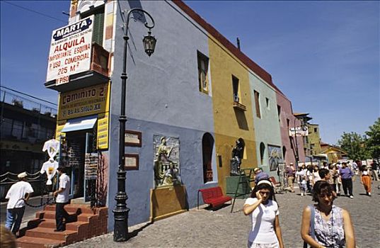 阿根廷,布宜诺斯艾利斯,居民区,卡米尼托大街,彩色,房子,建筑,路人