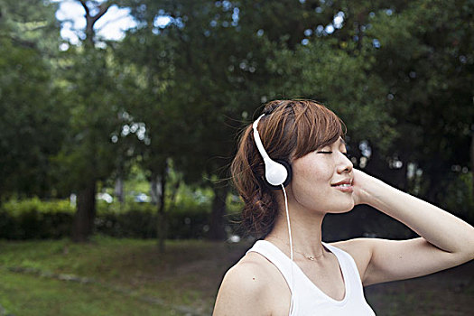 女人,京都,公园,穿,耳机,慢跑