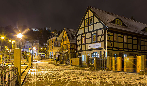 历史,半木结构房屋,街灯,冬天,德累斯顿,萨克森,德国,欧洲
