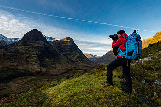 摄影师,山景,顶峰,叩依谷,西部,高地,苏格兰,英国,欧洲