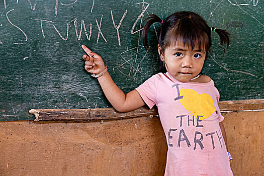小女孩,学生,指向,黑板,阿卡族,清莱,省,北方,泰国,亚洲