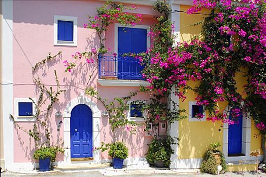 粉色,黄色,房子,蓝色,百叶窗,凯法利尼亚岛,爱奥尼亚群岛,希腊