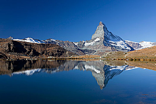 早晨,湖,远眺,山,马塔角,策马特峰,瓦莱,阿尔卑斯山,瑞士,欧洲