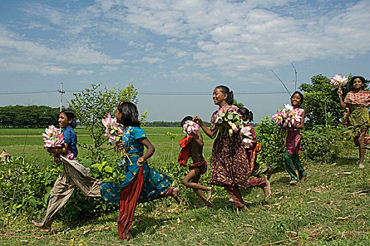 孩子,收集,乡村,孟加拉,九月,2007年