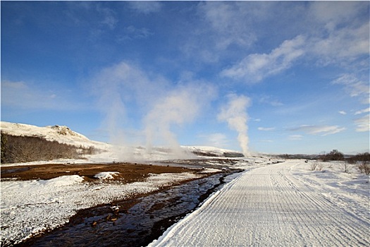 几个,间歇泉,冬季风景,冰岛