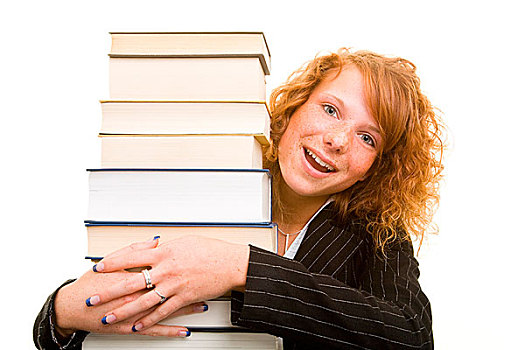 高兴,女学生,微笑,后面,一堆,书本