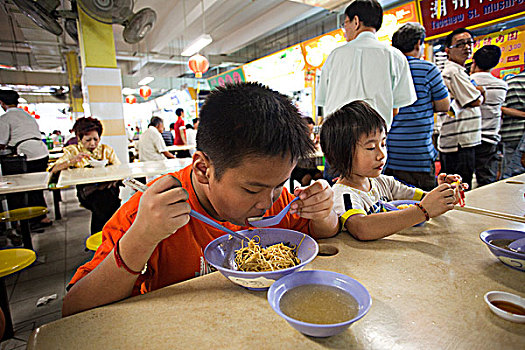 新加坡,唐人街,孩子,吃,面条