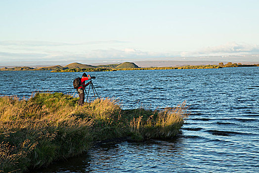 冰岛,米湖,湖,摄影师,三脚架,岸边,落日,假的,火山口,深海,秋天